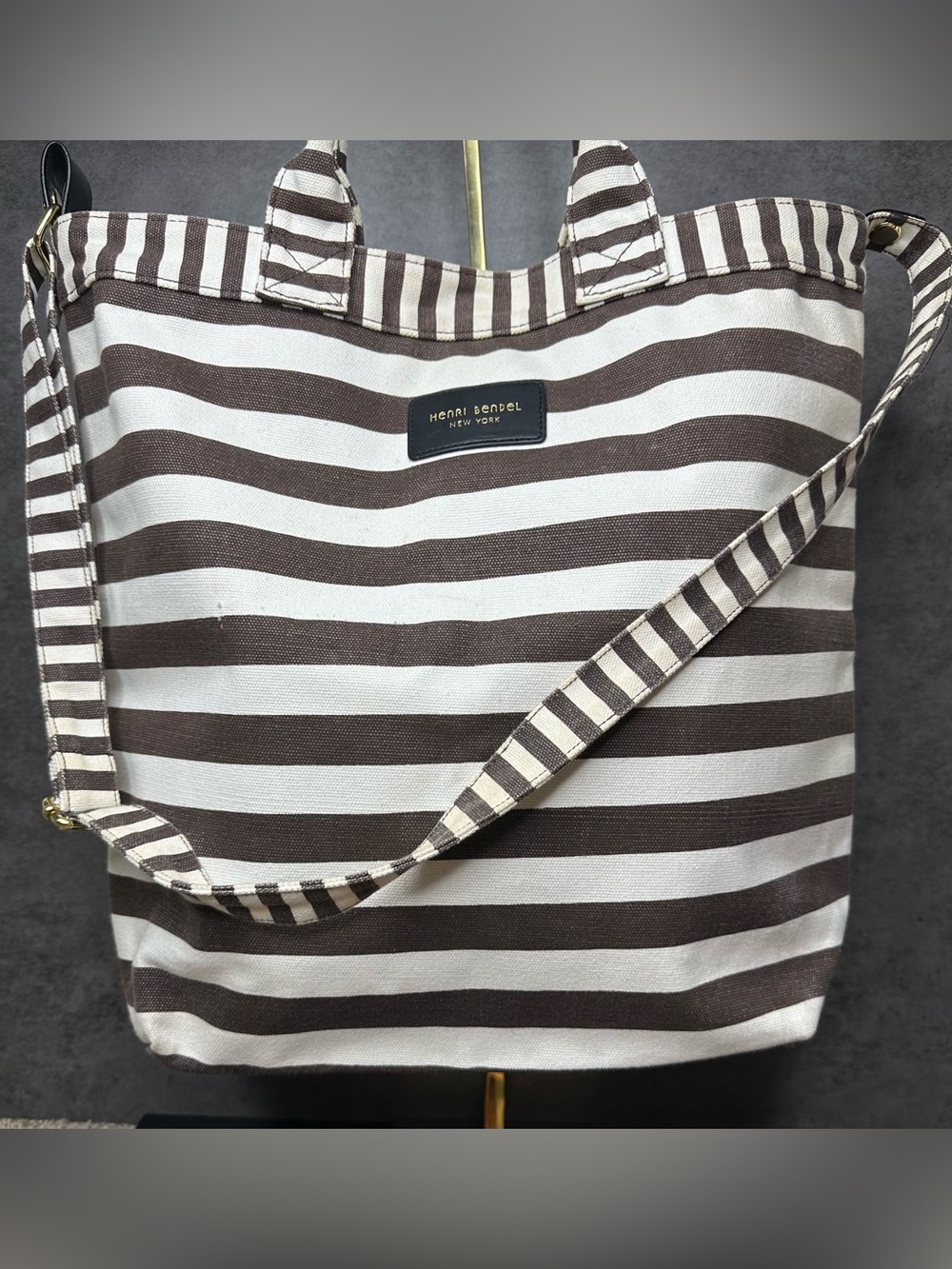 Henri Bendel Brown & White Striped Canvas Convertible Tote Crossbody